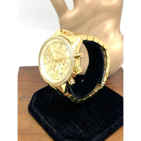 Michael Kors Women's Watch MK6356 Ritz Gemmed Quartz 37mm Gold Stainless Steel - Picture 2 of 14